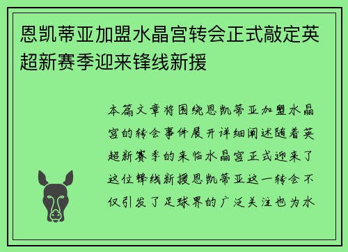 恩凯蒂亚加盟水晶宫转会正式敲定英超新赛季迎来锋线新援